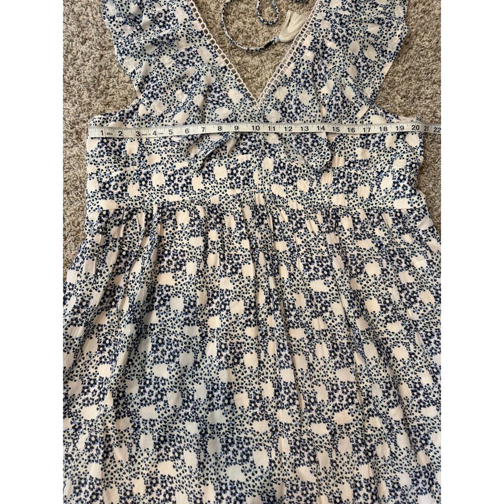 Anthropologie V-Neck Plunge Tunic Mini Dress Blue Motif Ruffle Boho XL - Picture 6 of 9
